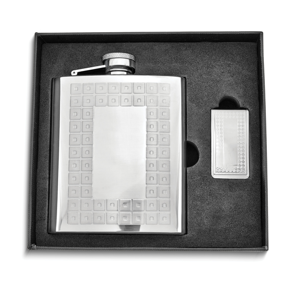 8 ounce Stainless Steel Geometric Design Engraving Flask & Money Clip Gift Set